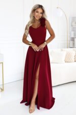 643-9 Elegant evening maxi dress with a slit and roses - burgundy-1