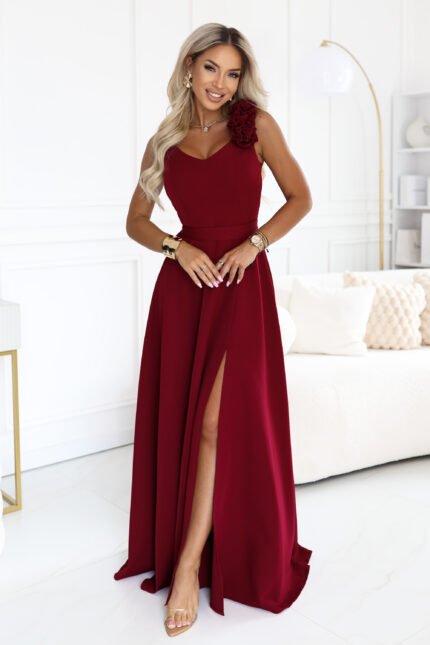 643-9 Elegant evening maxi dress with a slit and roses - burgundy-1