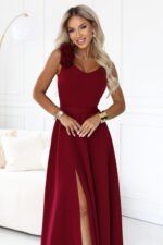 643-9 Elegant evening maxi dress with a slit and roses - burgundy-6