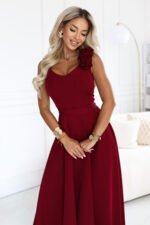 643-9 Elegant evening maxi dress with a slit and roses - burgundy-2