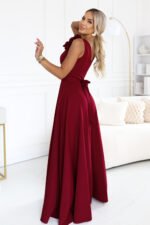 643-9 Elegant evening maxi dress with a slit and roses - burgundy-3