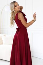 643-9 Elegant evening maxi dress with a slit and roses - burgundy-5