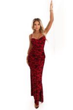645-2 Fitted maxi dress with a wrap neckline and slit - burgundy with an elegant pattern-8