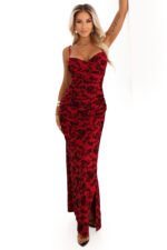 645-2 Fitted maxi dress with a wrap neckline and slit - burgundy with an elegant pattern-9