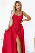 646-3 Long evening dress with straps and leg slit - red-4