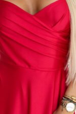 646-3 Long evening dress with straps and leg slit - red-7