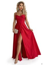 646-3 Long evening dress with straps and leg slit - red-9