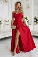 646-3 Long evening dress with straps and leg slit - red-5