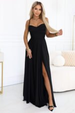 646-4 Long evening dress with straps and leg slit - black-1