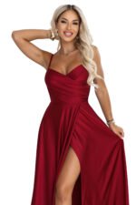 646-5 Long evening dress on straps with a leg slit - burgundy-13