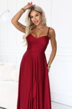 646-5 Long evening dress on straps with a leg slit - burgundy-6