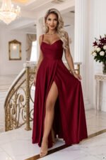 646-5 Long evening dress on straps with a leg slit - burgundy-10