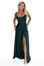 646-6 Long evening dress on straps with a leg slit - bottle green-10