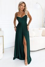 646-6 Long evening dress on straps with a leg slit - bottle green-2