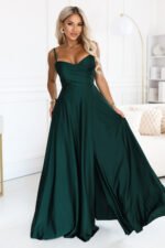 646-6 Long evening dress on straps with a leg slit - bottle green-1