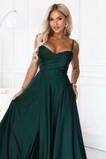 646-6 Long evening dress on straps with a leg slit - bottle green-6