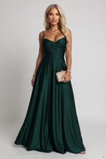 646-6 Long evening dress on straps with a leg slit - bottle green-8