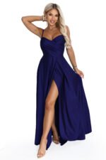 646-7 Long evening dress on straps with a leg slit - navy blue-10