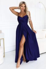 646-7 Long evening dress on straps with a leg slit - navy blue-1