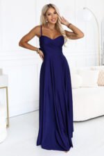 646-7 Long evening dress on straps with a leg slit - navy blue-5