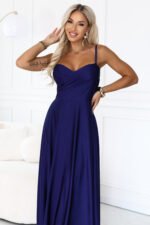 646-7 Long evening dress on straps with a leg slit - navy blue-7