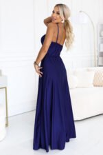 646-7 Long evening dress on straps with a leg slit - navy blue-3