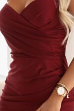647-1 Fitted long maxi dress with a wrap neckline and slit - burgundy-8