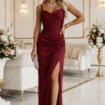 647-1 Fitted long maxi dress with a wrap neckline and slit - burgundy-1