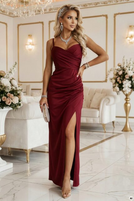 647-1 Fitted long maxi dress with a wrap neckline and slit - burgundy-1