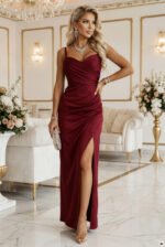 647-1 Fitted long maxi dress with a wrap neckline and slit - burgundy-1