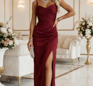647-1 Fitted long maxi dress with a wrap neckline and slit - burgundy-1