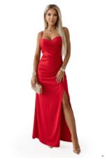 647-3 Fitted Long Maxi Dress with Wrap Neckline and Slit - Red-12