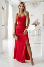 647-3 Fitted Long Maxi Dress with Wrap Neckline and Slit - Red-7