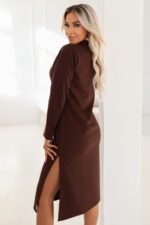 649-1 Elegant midi dress with a collar and a side slit - chocolate-4