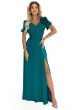 653-1 Elegant long dress with a rose, belt and high slit - bottle green-9