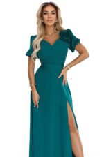653-1 Elegant long dress with a rose, belt and high slit - bottle green-10