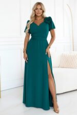 653-1 Elegant long dress with a rose, belt and high slit - bottle green-6