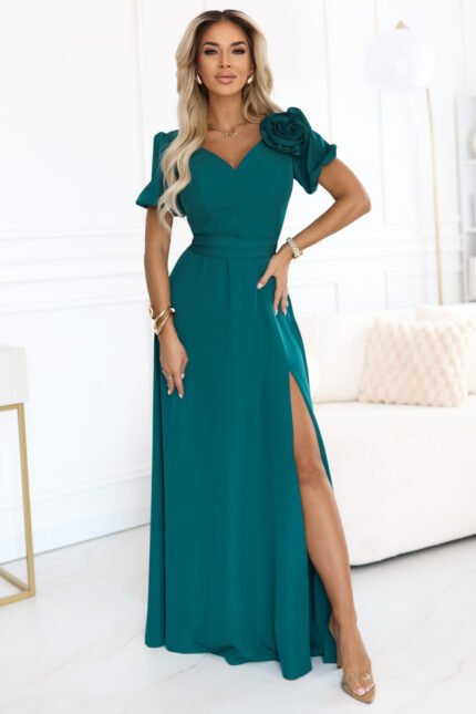 653-1 Elegant long dress with a rose, belt and high slit - bottle green-1