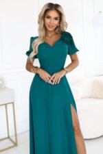 653-1 Elegant long dress with a rose, belt and high slit - bottle green-2