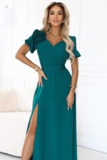 653-1 Elegant long dress with a rose, belt and high slit - bottle green-5