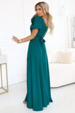653-1 Elegant long dress with a rose, belt and high slit - bottle green-3