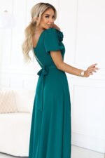 653-1 Elegant long dress with a rose, belt and high slit - bottle green-4