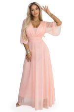 654-4 Long Shimmering Plus Size Dress with Neckline and Transparent Sleeve - Peach-9