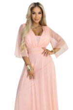 654-4 Long Shimmering Plus Size Dress with Neckline and Transparent Sleeve - Peach-10