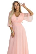 654-4 Long Shimmering Plus Size Dress with Neckline and Transparent Sleeve - Peach-11