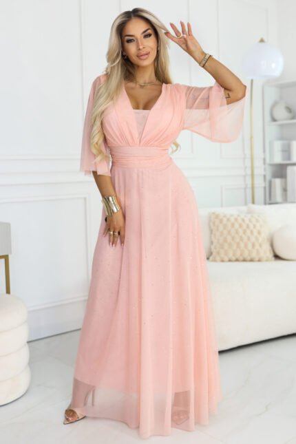 654-4 Long Shimmering Plus Size Dress with Neckline and Transparent Sleeve - Peach-1