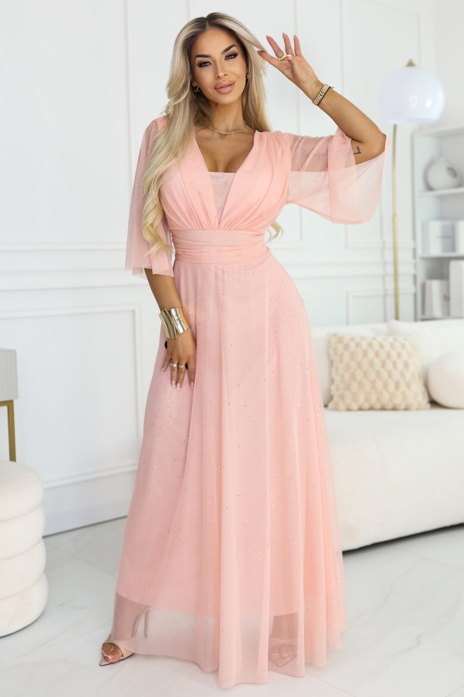 654-4 Long Shimmering Plus Size Dress with Neckline and Transparent Sleeve - Peach-1 654-4 Long Shimmering Plus Size Dress with Neckline and Transparent Sleeve - Peach-1