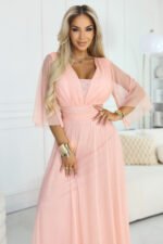 654-4 Long Shimmering Plus Size Dress with Neckline and Transparent Sleeve - Peach-2