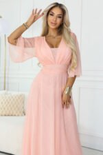 654-4 Long Shimmering Plus Size Dress with Neckline and Transparent Sleeve - Peach-4