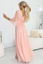 654-4 Long Shimmering Plus Size Dress with Neckline and Transparent Sleeve - Peach-3